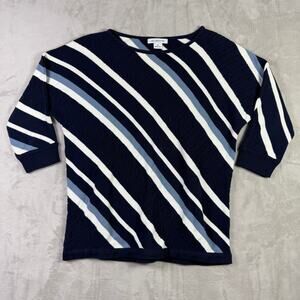 Liz Claiborne Women's Striped Cable Knit Sweater Top Navy Blue White Size M